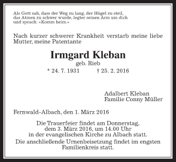 Traueranzeige von Irmgard Kleban von Gießener Allgemeine, Alsfelder Allgemeine