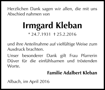 Traueranzeige von Irmgard Kleban von Licher Wochenblatt, Licher Wochenblatt, Licher Wochenblatt