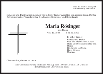 Traueranzeige von Maria Rösinger von Wetterauer Zeitung, Wetterauer Zeitung