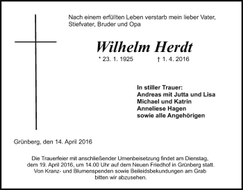 Traueranzeige von Wilhelm Herdt von Gießener Allgemeine, Alsfelder Allgemeine