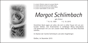 Traueranzeige von Margot Schlimbach von Gießener Allgemeine, Alsfelder Allgemeine