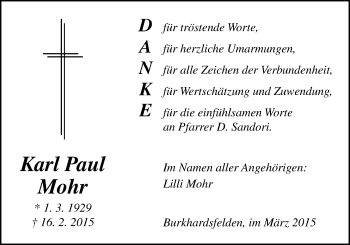 Traueranzeige von Karl Paul Mohr von Gießener Allgemeine, Alsfelder Allgemeine
