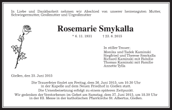 Traueranzeige von Rosemarie Smykalla von Gießener Allgemeine, Alsfelder Allgemeine