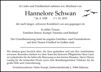 Traueranzeige von Hannelore Schwan von Gießener Allgemeine, Alsfelder Allgemeine