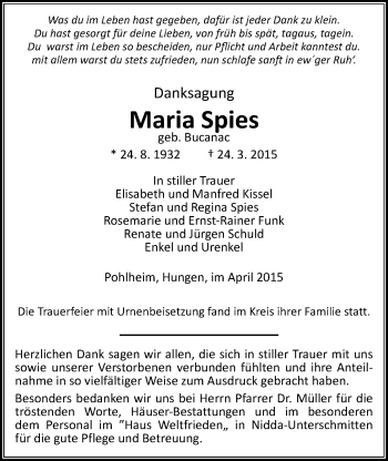 Traueranzeige von Maria Spies von Gießener Allgemeine, Alsfelder Allgemeine