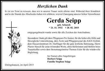 Traueranzeige von Gerda Seipp von Alsfelder Allgemeine