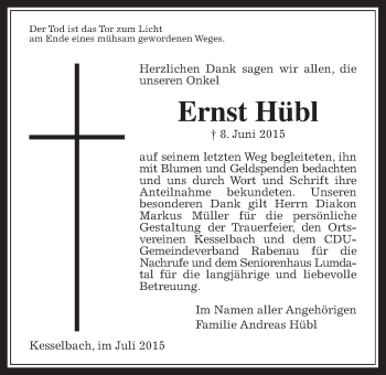 Traueranzeige von Ernst Hübl von Rabenauer Zeitung