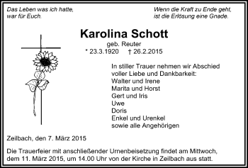 Traueranzeige von Karolina Schott von Alsfelder Allgemeine