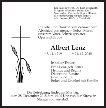 Traueranzeige von Albert Lenz von Gießener Allgemeine, Alsfelder Allgemeine
