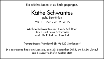 Traueranzeige von Käthe Schwantes von Gießener Allgemeine, Alsfelder Allgemeine