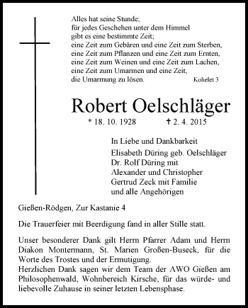 Traueranzeige von Robert Oelschläger von Gießener Allgemeine, Alsfelder Allgemeine