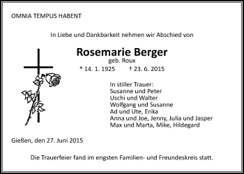 Traueranzeige von Rosemarie Berger von Gießener Allgemeine, Alsfelder Allgemeine