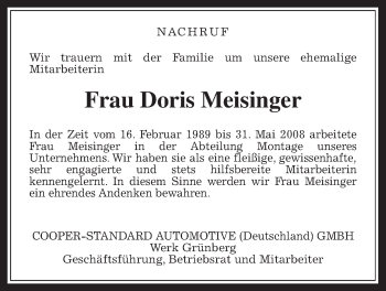 Traueranzeige von Doris Meisinger von Gießener Allgemeine, Alsfelder Allgemeine
