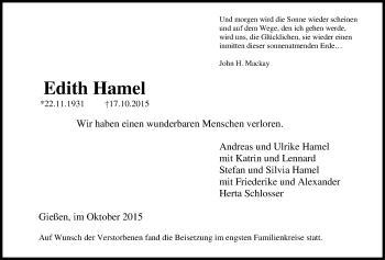 Traueranzeige von Edith Hamel von Gießener Allgemeine, Alsfelder Allgemeine