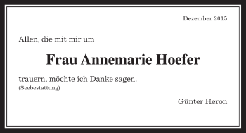 Traueranzeige von Annemarie Hoefer von Wetterauer Zeitung, Wetterauer Zeitung
