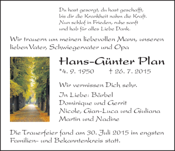 Traueranzeige von Hans-Günter Plan von Gießener Allgemeine, Alsfelder Allgemeine