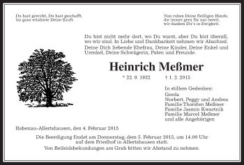 Traueranzeige von Heinrich Meßmer von Gießener Allgemeine, Alsfelder Allgemeine