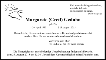 Traueranzeige von Margarete Geduhn von Gießener Allgemeine, Alsfelder Allgemeine, Wetterauer Zeitung, Wetterauer Zeitung