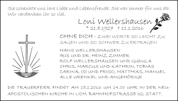 Traueranzeige von Loni Wellershausen von Licher Wochenblatt, Licher Wochenblatt, Licher Wochenblatt