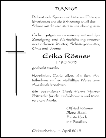 Traueranzeige von Erika Rösner von Licher Wochenblatt, Licher Wochenblatt, Licher Wochenblatt