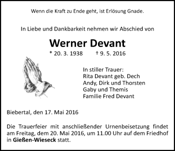 Traueranzeige von Werner Devant von Gießener Allgemeine, Alsfelder Allgemeine