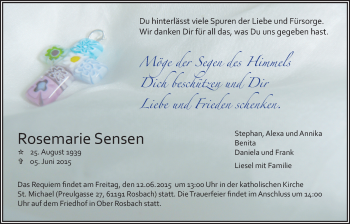 Traueranzeige von Rosemarie Sensen von Wetterauer Zeitung, Wetterauer Zeitung
