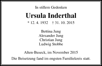 Traueranzeige von Ursula Inderthal von Gießener Allgemeine, Alsfelder Allgemeine