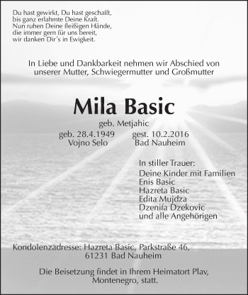 Traueranzeige von Mila Basic von Wetterauer Zeitung, Wetterauer Zeitung