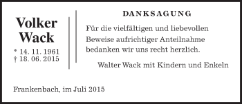 Traueranzeige von Voler Wack von Gießener Allgemeine, Alsfelder Allgemeine