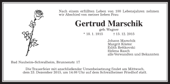 Traueranzeige von Gertrud Marschik von Wetterauer Zeitung, Wetterauer Zeitung