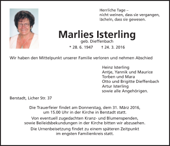Traueranzeige von Marlies Isterling von Wetterauer Zeitung, Wetterauer Zeitung