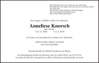 Traueranzeige von Anneliese Knorsch von Wetterauer Zeitung, Wetterauer Zeitung