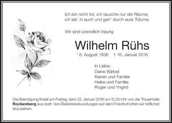 Traueranzeige von Wilhelm Rühs von Wetterauer Zeitung, Wetterauer Zeitung