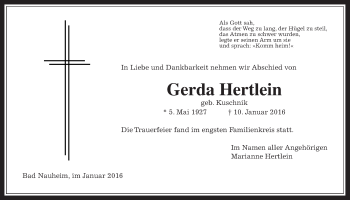Traueranzeige von Gerda Hertlein 