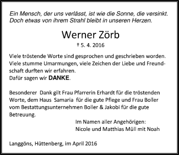 Traueranzeige von Werner Zörb von Gießener Allgemeine, Alsfelder Allgemeine