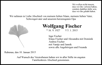 Traueranzeige von Wolfgang Fischer von Giessener Allgemeine, Alsfelder Allgemeine