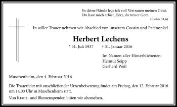 Traueranzeige von Herbert Lechens von Licher Wochenblatt, Licher Wochenblatt, Licher Wochenblatt