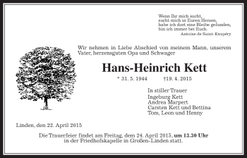 Traueranzeige von Hans-Heinrich Kett von Gießener Allgemeine, Alsfelder Allgemeine