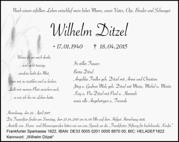 Traueranzeige von Wilhelm Ditzel von Wetterauer Zeitung, Wetterauer Zeitung