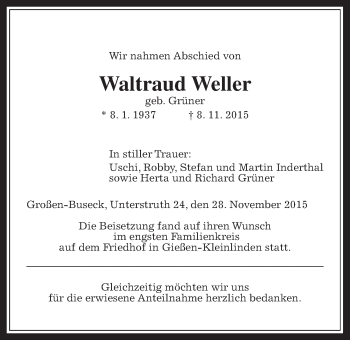 Traueranzeige von Waltraud Weller von Gießener Allgemeine, Alsfelder Allgemeine