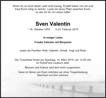Traueranzeige von Sven Valentin von Gießener Allgemeine, Alsfelder Allgemeine