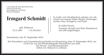 Traueranzeige von Irmgard Schmidt von Wetterauer Zeitung, Wetterauer Zeitung