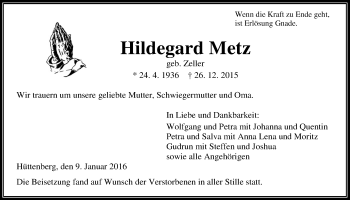 Traueranzeige von Hildegard Metz von Gießener Allgemeine, Alsfelder Allgemeine