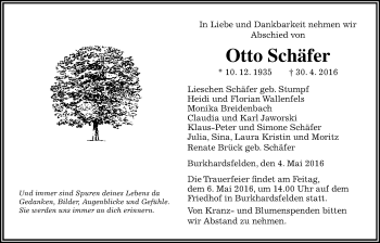 Traueranzeige von Otto Schäfer von Gießener Allgemeine, Alsfelder Allgemeine