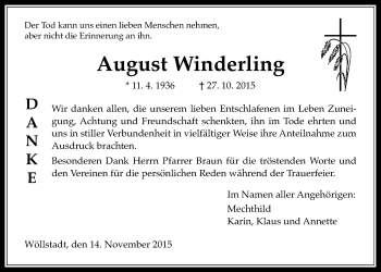 Traueranzeige von August Winderling von Wetterauer Zeitung, Wetterauer Zeitung