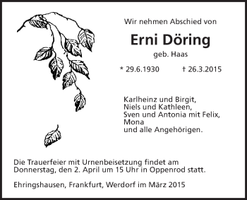Traueranzeige von Erni Döring von Gießener Allgemeine, Alsfelder Allgemeine