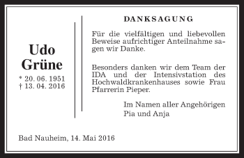 Traueranzeige von Udo Grüne von Wetterauer Zeitung, Wetterauer Zeitung