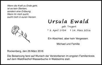 Traueranzeige von Ursula Ewald von Wetterauer Zeitung, Wetterauer Zeitung
