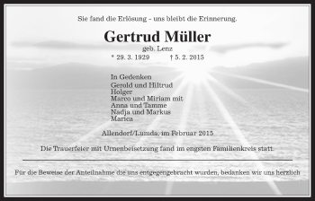 Traueranzeige von Gertrud Müller von Gießener Allgemeine, Alsfelder Allgemeine