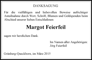 Traueranzeige von Margot Feierfeil von Gießener Allgemeine, Alsfelder Allgemeine